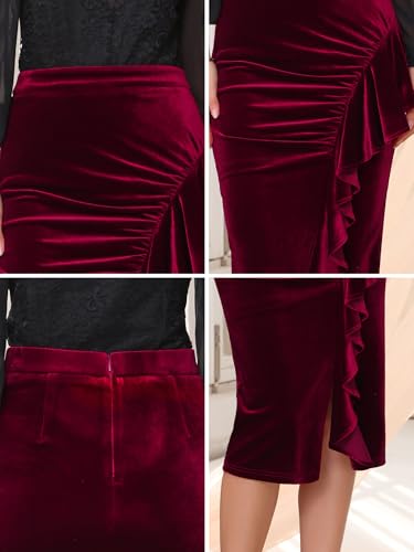 Women's Evening Bodycon Skirt Ruffled Ruched High Waist Formal Cocktail Midi Velvet Skirts