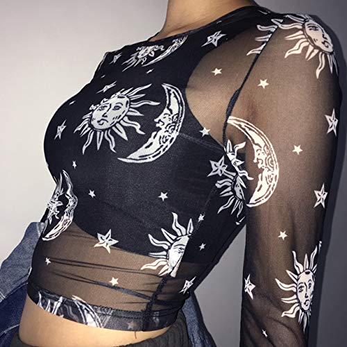 MIZOK Women's Long Sleeve See Through Shirts Angel Print Sexy Sheer Mesh Crop Tops