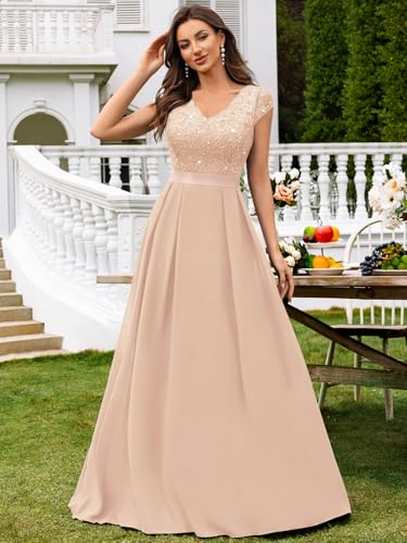 Miusol Women's V-Neck Sequined Floral Lace Formal Evening Maxi Dress