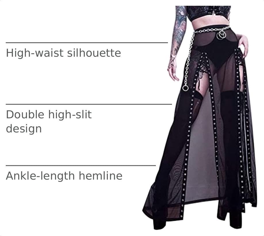 Goth Double Slit Maxi Skirt for Women Punk Black See Through Sheer Mesh Long Split Skirts