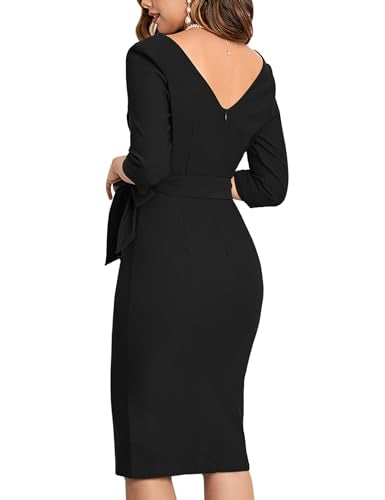 MUXXN Women's Vintage Faux Wrap V Neck 3/4 Sleeve Formal Classic Party Work Dress with Belt