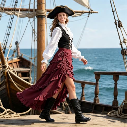 Women's Gothic Steampunk Renaissance Pirate High Low Ruffle Skirt