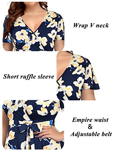 Pinup Fashion Plus Size Wedding Guest Semi Formal Cocktail Wrap Knee Dress | Knit, faux wrap v-neck, short ruffle sleeves, empire waist, removable belt, knee-length, wedding guest, semi formal, easter