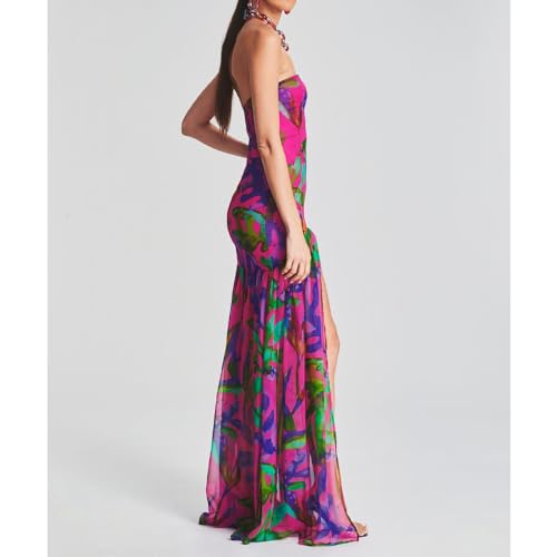 Women Tube Top Dress Tiger Stripe Mesh Patchwork Maxi Dress Strapless Sexy High Slit Long Dresses Beach Vacation