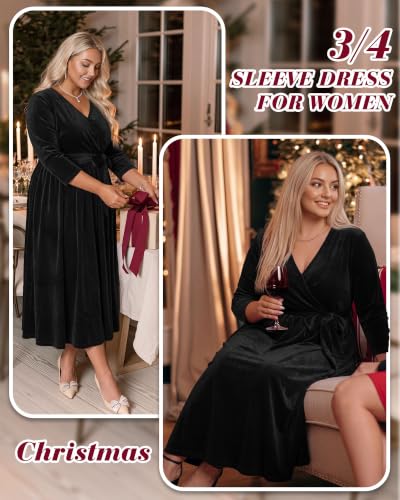 Women's Plus Size Velvet Dress V Neck Wrap Midi Black XL Secondary image