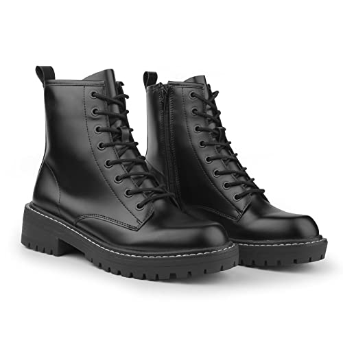 ICHIGO Women’s Ankle Booties 8-Eye Side Zipper Lace-up Combat Boots