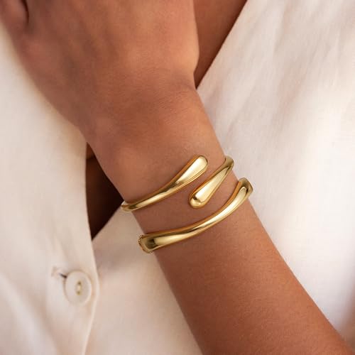 Gold Bracelets for Women Trendy, 18K Gold Plated Bangle Bracelet Set Chunky Twist Cuff Gold Bracelet Non Tarnish Waterproof Jewelry Gifts for Women
