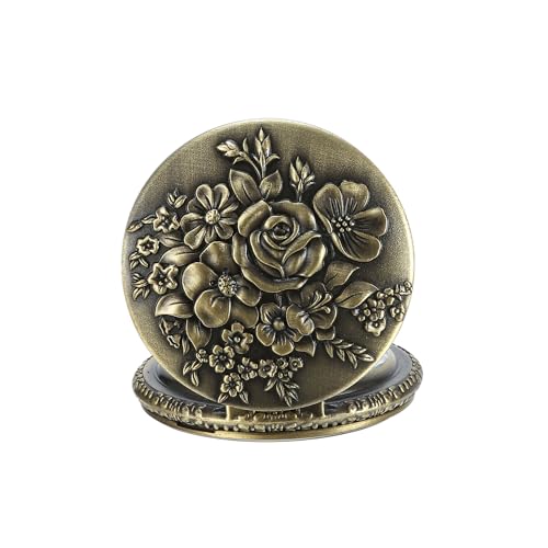Retro Flower Openwork Cover Quartz Pocket Watch with Chain Half Hunter