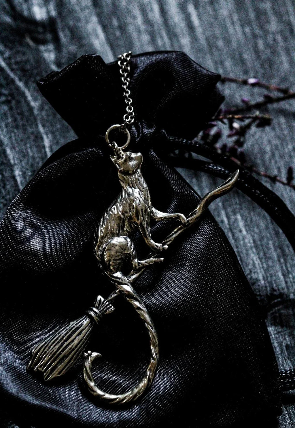 Cat Riding Broomstick Necklace