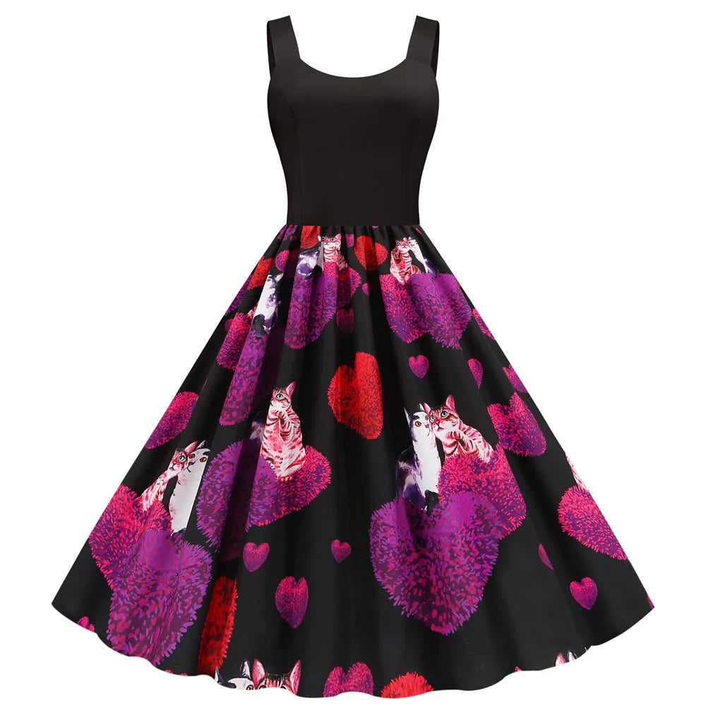Sweet Heart Print Swing Summer Dress Sexy Halter Rockabilly Valentine Party Dresses Vestido Robe A-Line