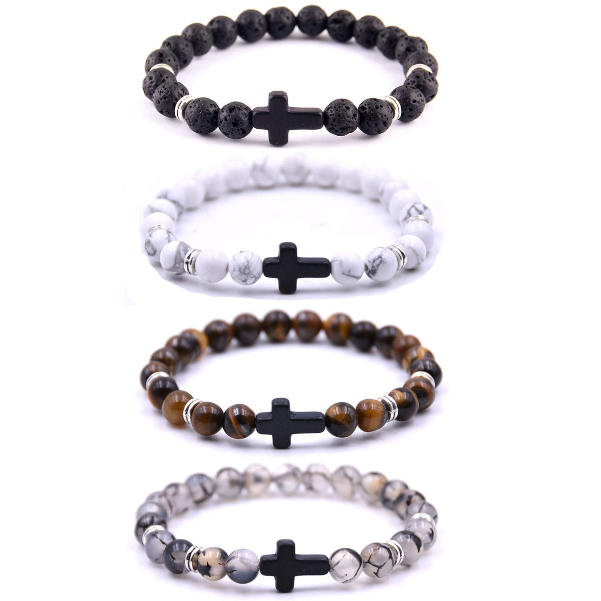 Softones 4PCS Cross Beads Bracelet for Men Women 8mm Healing Lava Stone Stretch Bracelets,7.5"
