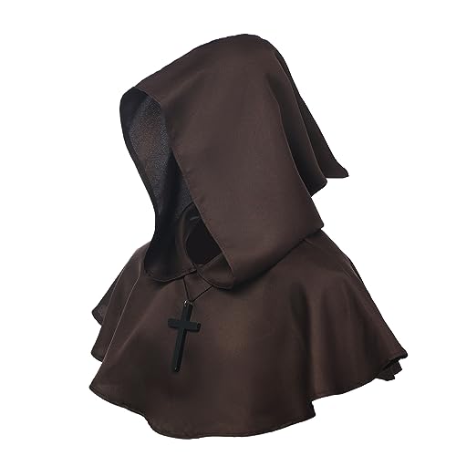 BLESSUME Medieval Cowl Hat Cross Necklace Wicca Pagan Hood Cosplay Accessory
