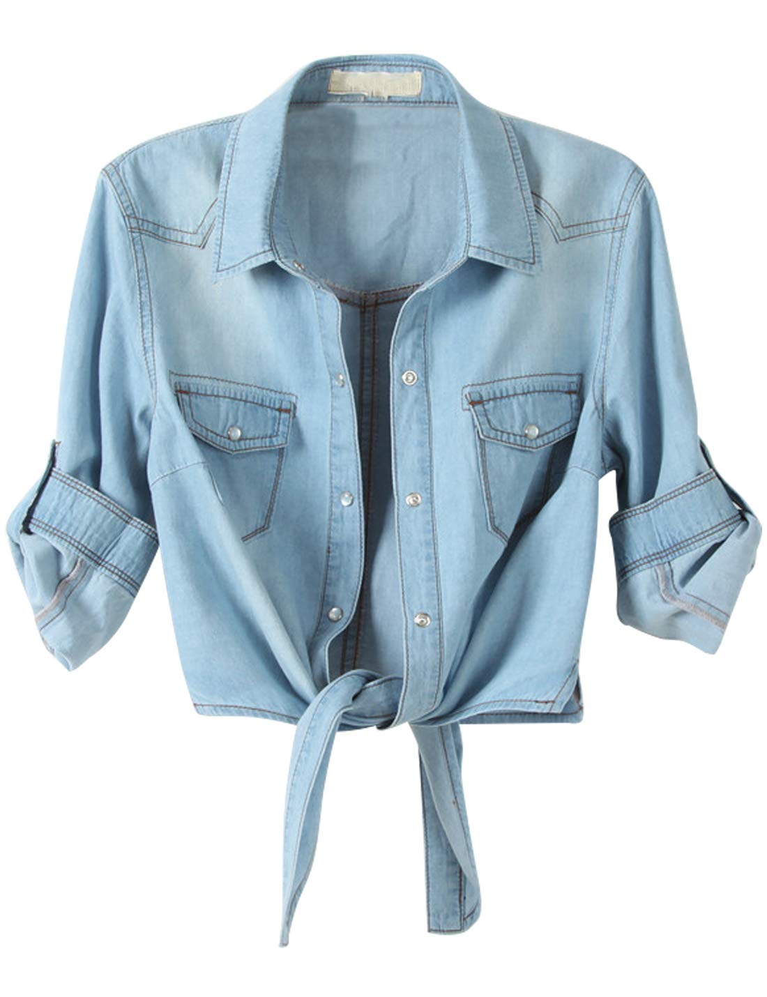Womens Crop Modern Denim Top Tie Knot Shirt Chambray Cardigan