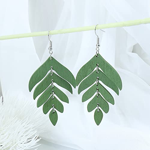 Wooden Palm Leaf Drop Dangle Earrings