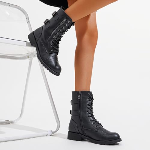 Women's Lace Up Mid Calf Combat Boots with Functional Pocket