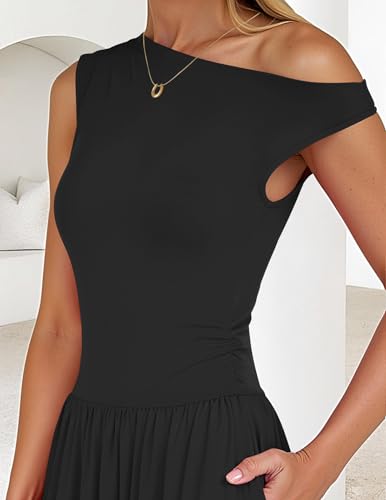 ZESICA Womens Sleeveless One Shoulder Maxi Dress with Pockets