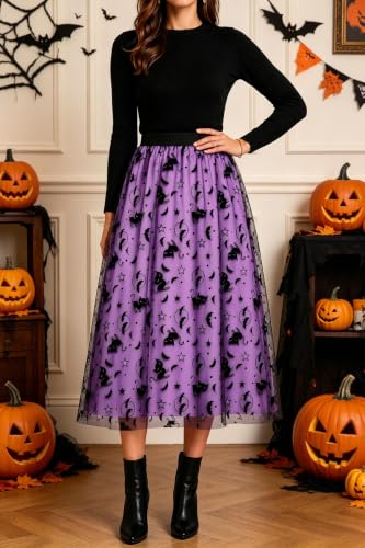 Women's Halloween Tulle Midi Skirt, Flocked Print Witch Costume Skirt