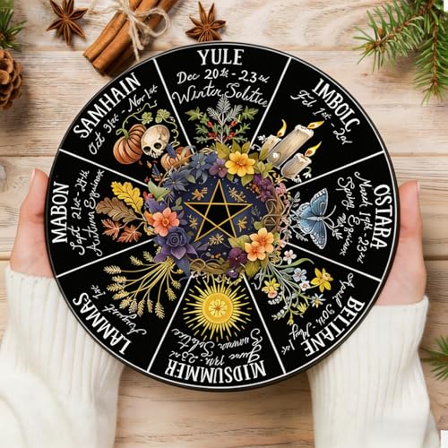 RIVEENY Wheel Of The Year Wall Hanging，12"Wheel Of The Year Wood Sign, Sabbats Pagan Witch Sign, Wiccan Holidays, Wicca Calendar, Yule Altar, Celestial Sign (GJ017)