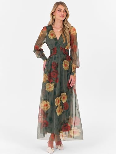 ANRABESS Women's Fall Wedding Guest Tulle Floral Long Sleeve Maxi Dress