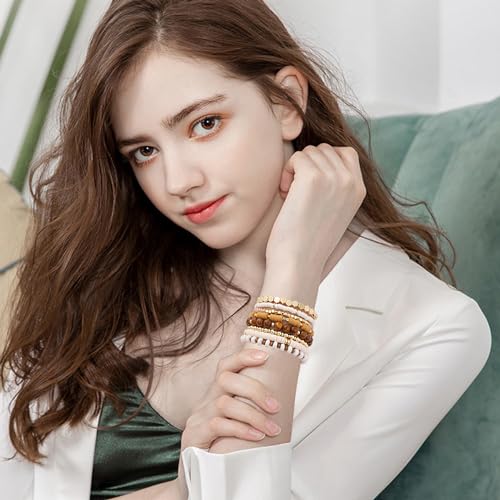 Surfer Heishi Clay Bead Bracelets for Women Bohemian Stackable Gold Plated Beaded Stretch Bracelets Elastic Layering Friendship Bracelets Set Boho Jewelry