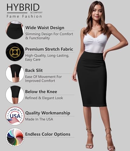 Hybrid & Company Women's Premium Nylon Ponte Stretch High Waist Pencil Suit Skirt Below Knee