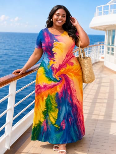 Plus Size Maxi Dress for Women Summer Short Sleeve Casual Sundress
