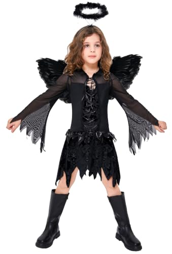 Girls Fallen Angel Dress for Halloween Costume with Black Wings