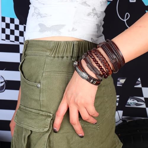 6-12PCS Braided Faux Leather Bracelet Punk Cuff Wrap Bracelets for Men Women Adjustable