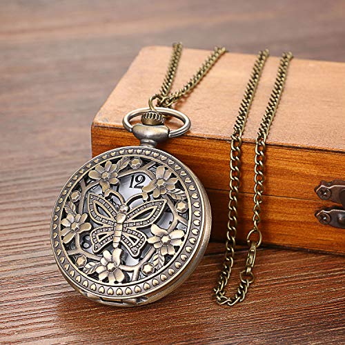 Antique Bronze Retro Openwork Rose Quartz Pocket Watch for Women