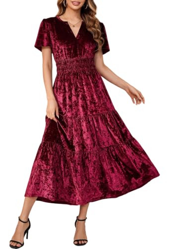 R.Vivimos Womens Fall Winter Velvet Elastic Waist Maxi Dress