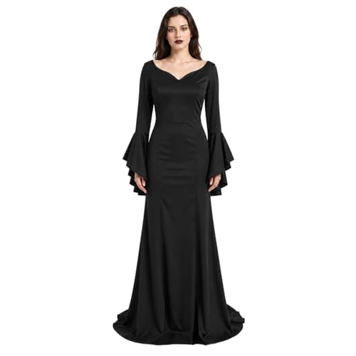 JEGERMIG Black Gothic Maxi Dress, V-Neck Flared Sleeves Halloween Costume