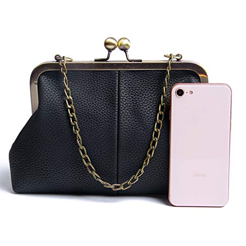 Women Classical Kiss Lock Clutch with Chain Strap Shoulder Bag Purse Wallet