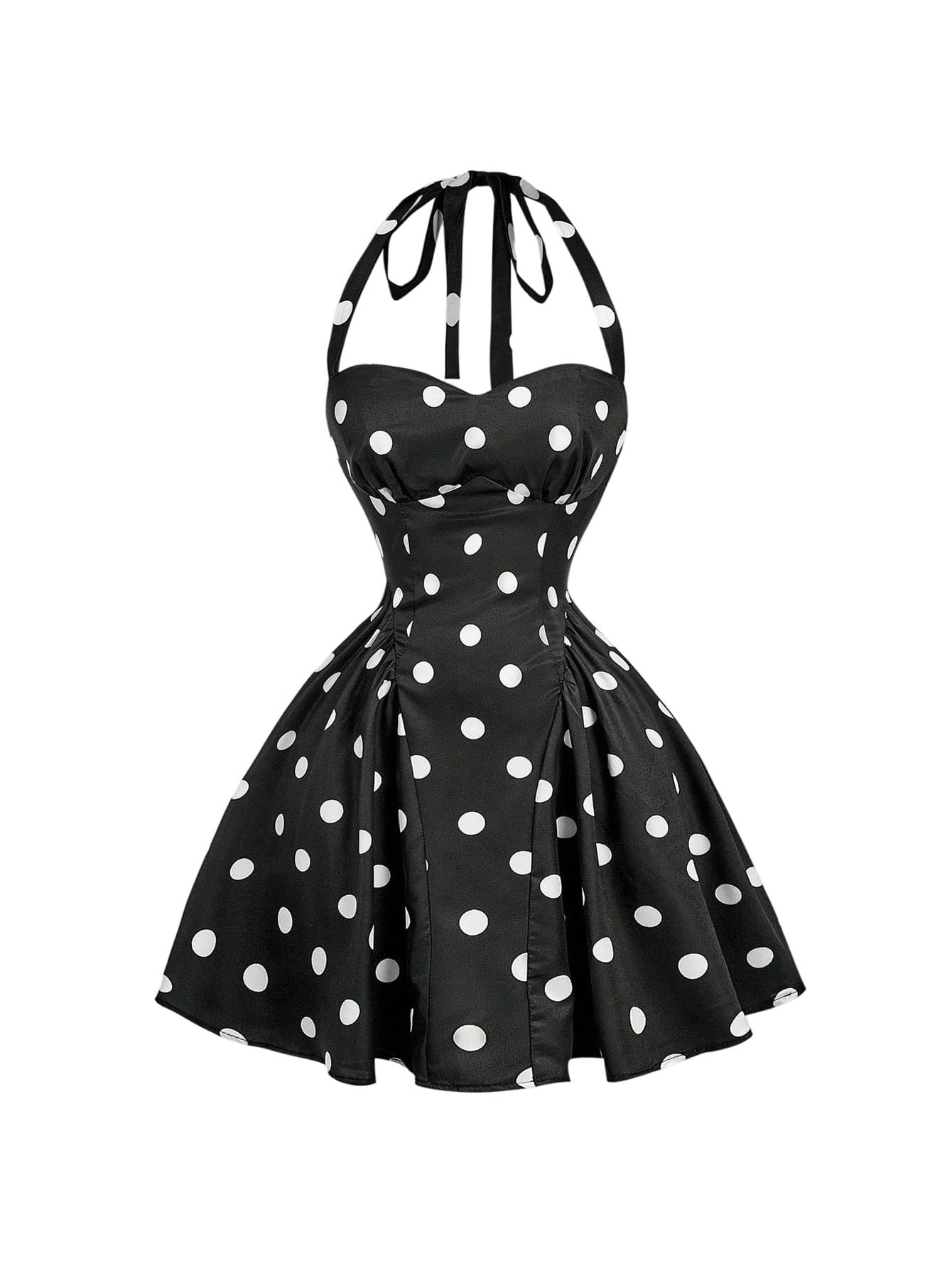 Women's Vintage 1950s Halter Neck Rockability Swing Dress Smocked Fit and Flare Sundress