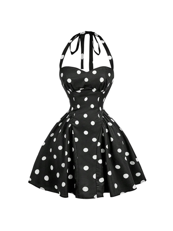 Women's Vintage 1950s Halter Neck Rockability Swing Dress Smocked Fit and Flare Sundress