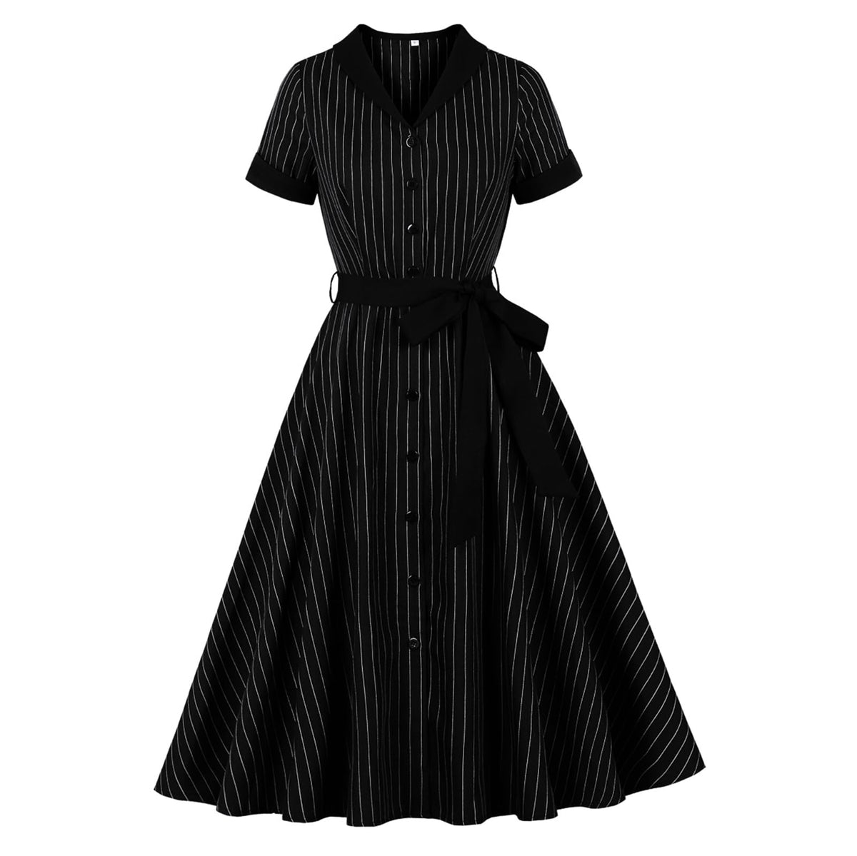 Women's 1950s Retro Striped Dress - Vintage Collared Button Down A Line Swing Dress with Removable Belt for Commuting