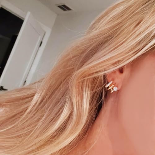 14K Gold Plated Illusion Stud Earrings for Women | Triple Huggie Hoop Earrings for One Hole| Trendy Simple Hypoallergenic Fashion Accessories Gold