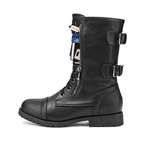 DREAM PAIRS Women's Mid Calf Built-in Wallet Pocket Lace up Military Combat Boots