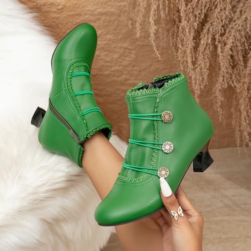Women's Ankle Boots Low Heels Lace Buttons Round Toe Side Zipper Vintage Short Boots Autumn Winter