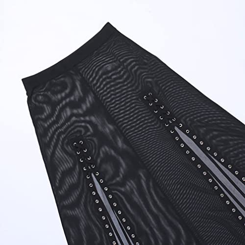 Goth Double Slit Maxi Skirt for Women Punk Black See Through Sheer Mesh Long Split Skirts