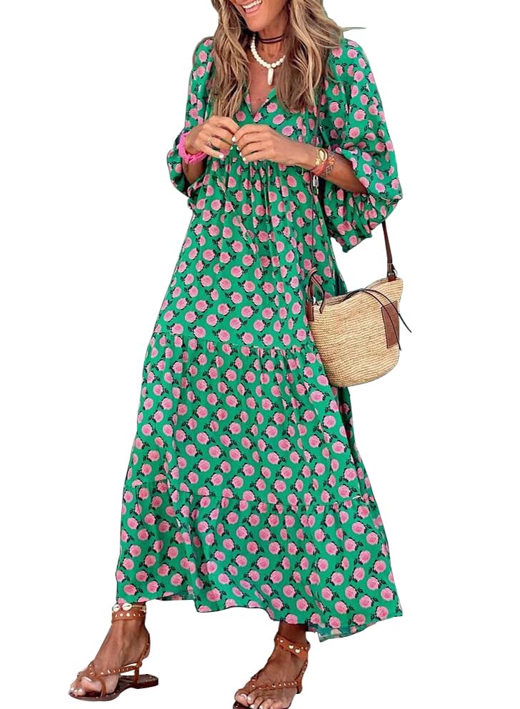 miduo Womens Casual V Neck Half Sleeve Bohemian Geometric Maxi Long Dresses