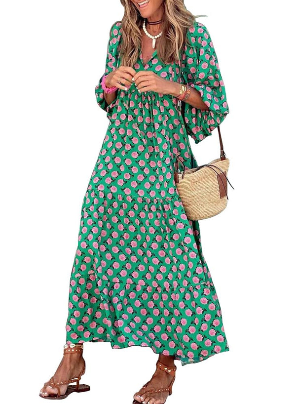 miduo Womens Casual V Neck Half Sleeve Bohemian Geometric Maxi Long Dresses