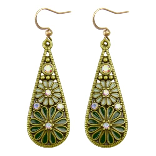 Olive Green Crystal Teardrop Floral Boho Earrings