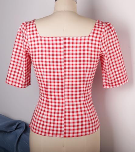 YARN & INK Women's 1950s Pinup Tops, Rockabilly Vintage Blouse Medium Sleeves Sweetheart V-Neck Shirt