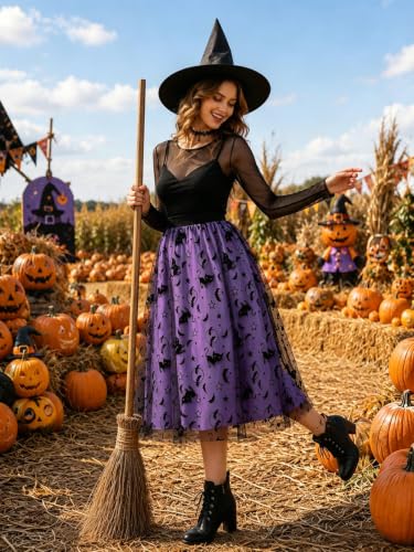 Women's Halloween Tulle Midi Skirt, Flocked Print Witch Costume Skirt