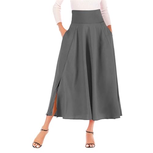 Women’s High Waist Pleated Maxi Skirt with Pockets, Solid Split Flowy Skirt