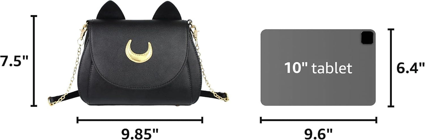 Women's Moon PU Leather Gothic Crossbody Cat Handbag — Black Shoulder Bag