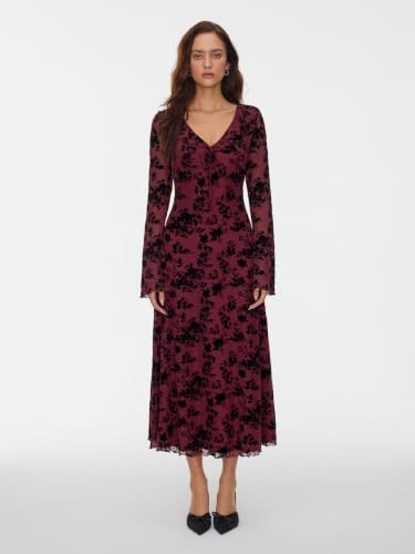 CIDER Women's Floral Velvet Dress Mesh Long Sleeve Maxi Dress