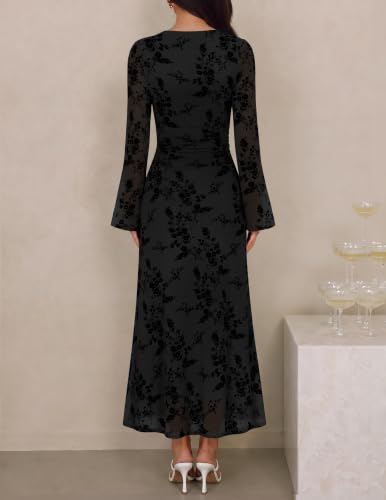 ZESICA Womens Long Sleeve Floral Fall Bodycon Ruched Mesh Maxi Formal Dress