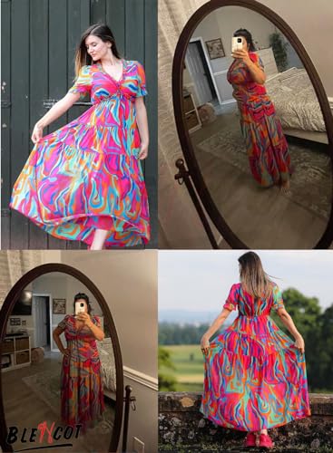 BLENCOT Womens Casual Boho Floral Printed V Neck Short Sleeve Long Evening Dress Ruched Cocktail Party Maxi Wedding Dress