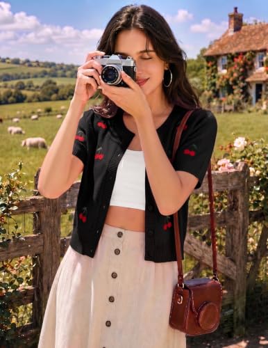 Cherry Short Sleeve Cardigan for Women Cropped Lightweight Cardigan Sweater